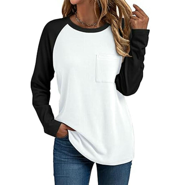 Women's Long Sleeve Color Block Fall Tops Casual Crewneck Loose Fit T Shirt with Pocket