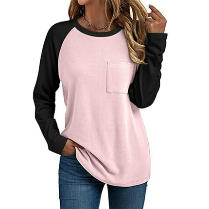 Women's Long Sleeve Color Block Fall Tops Casual Crewneck Loose Fit T Shirt with Pocket