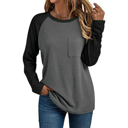 Women's Long Sleeve Color Block Fall Tops Casual Crewneck Loose Fit T Shirt with Pocket