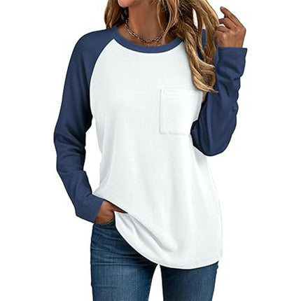 Women's Long Sleeve Color Block Fall Tops Casual Crewneck Loose Fit T Shirt with Pocket