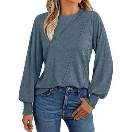 Women's Puff Long Sleeve Tops Pleated Crew Neck Casual Loose Tee Shirts