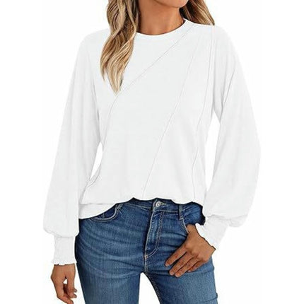 Women's Puff Long Sleeve Tops Pleated Crew Neck Casual Loose Tee Shirts