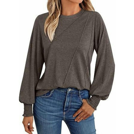 Women's Puff Long Sleeve Tops Pleated Crew Neck Casual Loose Tee Shirts
