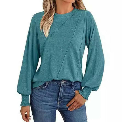 Women's Puff Long Sleeve Tops Pleated Crew Neck Casual Loose Tee Shirts