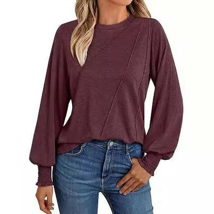 Women's Puff Long Sleeve Tops Pleated Crew Neck Casual Loose Tee Shirts