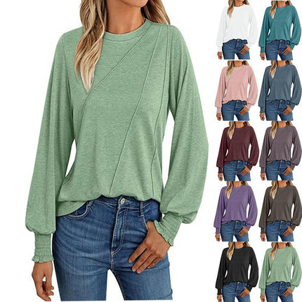 Women's Puff Long Sleeve Tops Pleated Crew Neck Casual Loose Tee Shirts