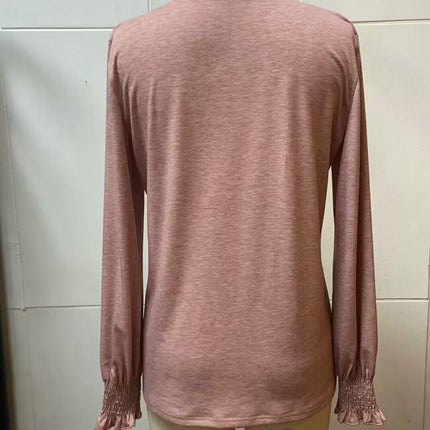 Women's Puff Long Sleeve Tops Pleated Crew Neck Casual Loose Tee Shirts
