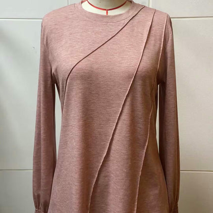 Women's Puff Long Sleeve Tops Pleated Crew Neck Casual Loose Tee Shirts