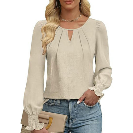 Womens Dressy Casual Long Sleeve Blouses Pleated Crew Neck Tunic Loose Fit Tops