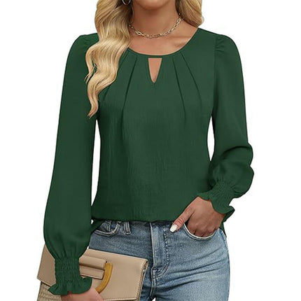 Womens Dressy Casual Long Sleeve Blouses Pleated Crew Neck Tunic Loose Fit Tops