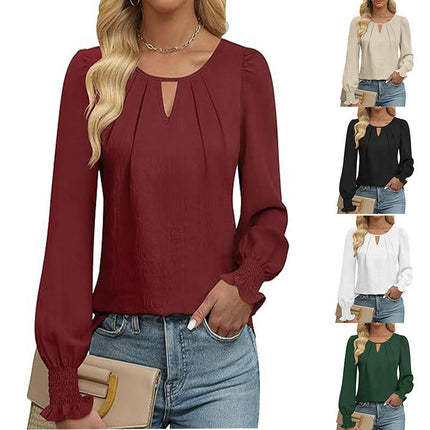 Womens Dressy Casual Long Sleeve Blouses Pleated Crew Neck Tunic Loose Fit Tops