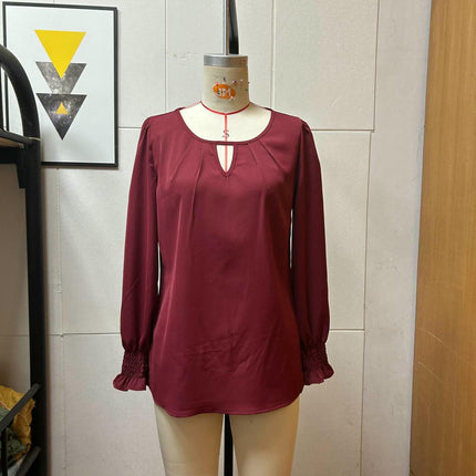 Womens Dressy Casual Long Sleeve Blouses Pleated Crew Neck Tunic Loose Fit Tops