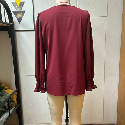 Womens Dressy Casual Long Sleeve Blouses Pleated Crew Neck Tunic Loose Fit Tops