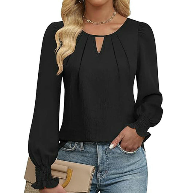 Womens Dressy Casual Long Sleeve Blouses Pleated Crew Neck Tunic Loose Fit Tops