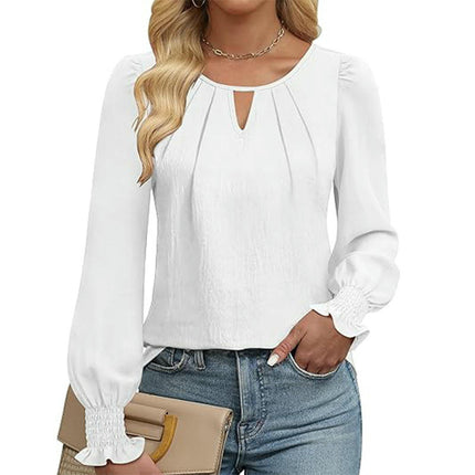 Womens Dressy Casual Long Sleeve Blouses Pleated Crew Neck Tunic Loose Fit Tops