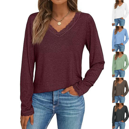 Long Sleeve T Shirts for Women Fashion Lace V Neck Loose Fit Casual Tops