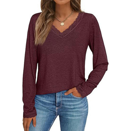 Long Sleeve T Shirts for Women Fashion Lace V Neck Loose Fit Casual Tops
