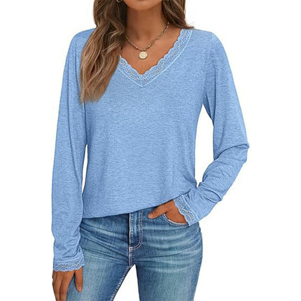 Long Sleeve T Shirts for Women Fashion Lace V Neck Loose Fit Casual Tops