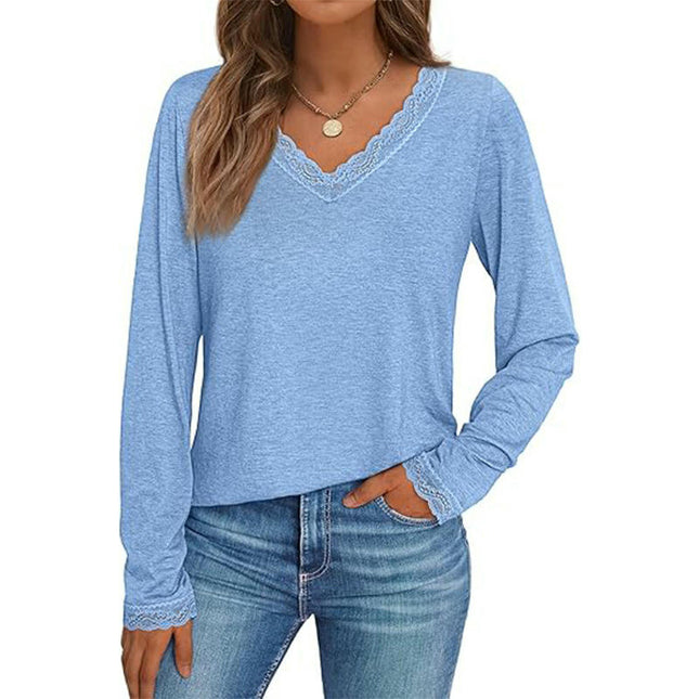 Long Sleeve T Shirts for Women Fashion Lace V Neck Loose Fit Casual Tops