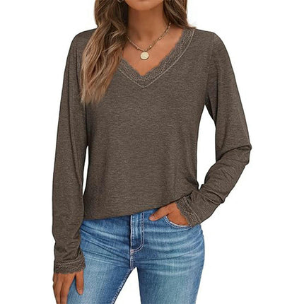 Long Sleeve T Shirts for Women Fashion Lace V Neck Loose Fit Casual Tops