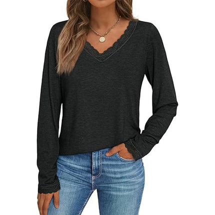 Long Sleeve T Shirts for Women Fashion Lace V Neck Loose Fit Casual Tops