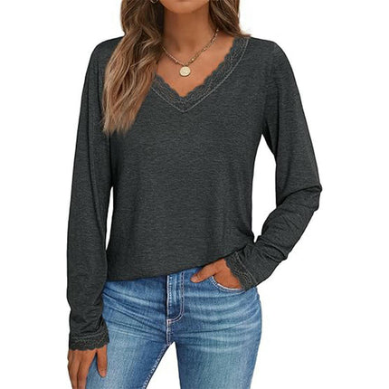 Long Sleeve T Shirts for Women Fashion Lace V Neck Loose Fit Casual Tops