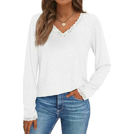 Long Sleeve T Shirts for Women Fashion Lace V Neck Loose Fit Casual Tops