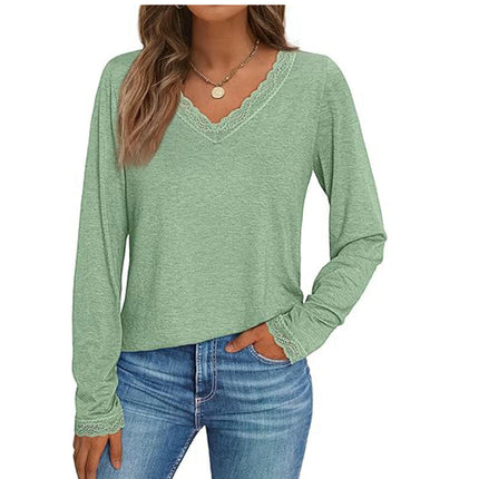 Long Sleeve T Shirts for Women Fashion Lace V Neck Loose Fit Casual Tops
