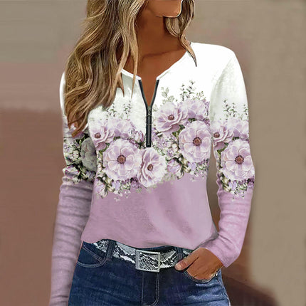 Womens Blouses Boho Floral Print Crew Neck Long Sleeve Zipper Loose Casual Tunic Tops
