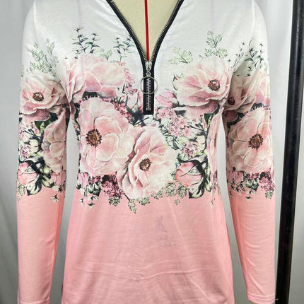 Womens Blouses Boho Floral Print Crew Neck Long Sleeve Zipper Loose Casual Tunic Tops