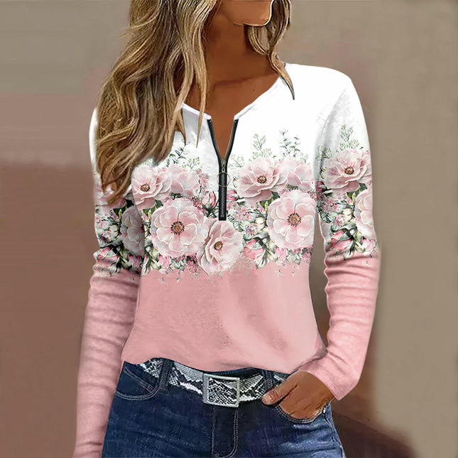 Womens Blouses Boho Floral Print Crew Neck Long Sleeve Zipper Loose Casual Tunic Tops
