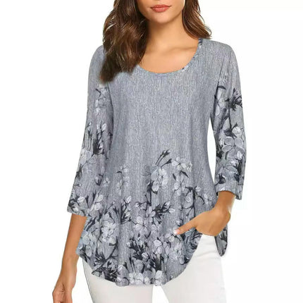 Womens Floral Print Tops 3/4 Sleeve T Shirts Casual Crew Neck Blouse