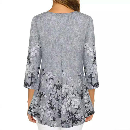 Womens Floral Print Tops 3/4 Sleeve T Shirts Casual Crew Neck Blouse