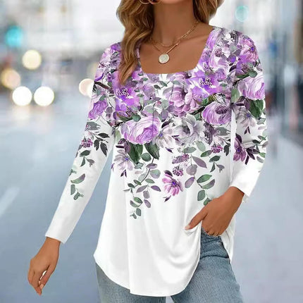 Women Tunic Tops Long Sleeve T Shirts Casual Pleated Square Neck Floral Blouse