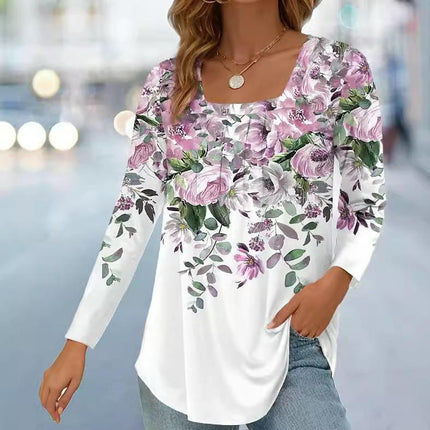 Women Tunic Tops Long Sleeve T Shirts Casual Pleated Square Neck Floral Blouse