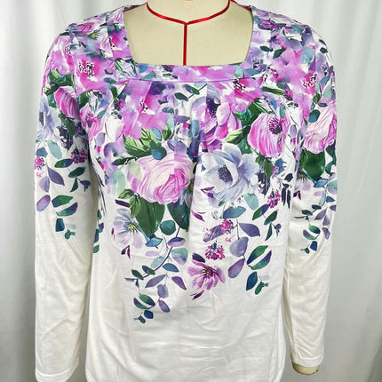 Women Tunic Tops Long Sleeve T Shirts Casual Pleated Square Neck Floral Blouse