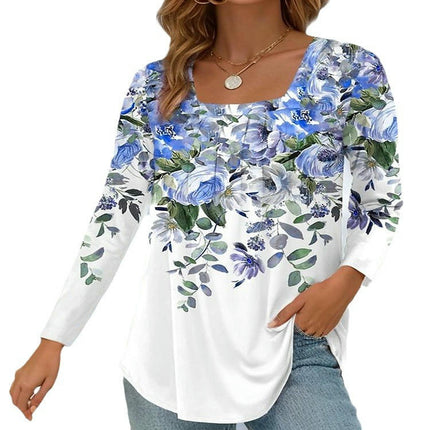 Women Tunic Tops Long Sleeve T Shirts Casual Pleated Square Neck Floral Blouse