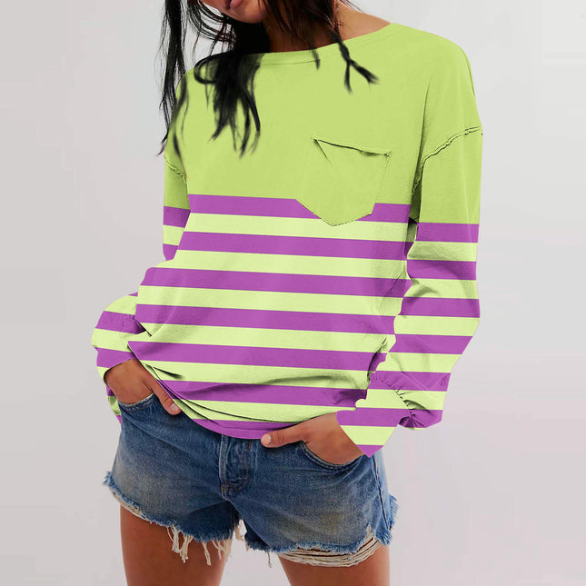 Women Striped Color Block Sweatshirt Crew Neck Long Sleeve T Shirt Casual Loose Fit Top