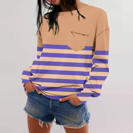 Women Striped Color Block Sweatshirt Crew Neck Long Sleeve T Shirt Casual Loose Fit Top