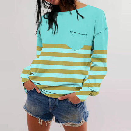 Women Striped Color Block Sweatshirt Crew Neck Long Sleeve T Shirt Casual Loose Fit Top