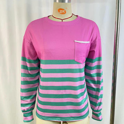 Women Striped Color Block Sweatshirt Crew Neck Long Sleeve T Shirt Casual Loose Fit Top