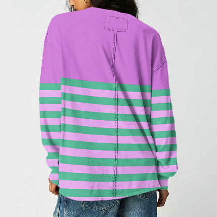 Women Striped Color Block Sweatshirt Crew Neck Long Sleeve T Shirt Casual Loose Fit Top