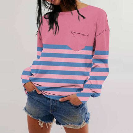 Women Striped Color Block Sweatshirt Crew Neck Long Sleeve T Shirt Casual Loose Fit Top
