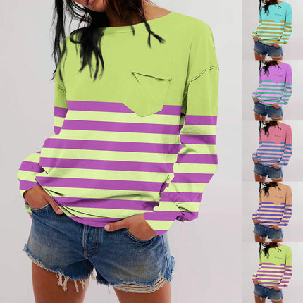 Women Striped Color Block Sweatshirt Crew Neck Long Sleeve T Shirt Casual Loose Fit Top