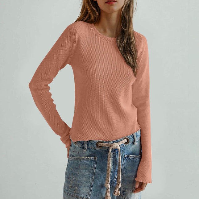 Womens Long Sleeve Stretch Crewneck Knit T-Shirt Slim Fit Casual Basic Tops