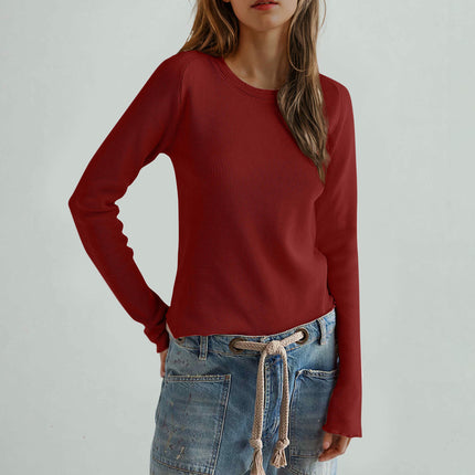 Womens Long Sleeve Stretch Crewneck Knit T-Shirt Slim Fit Casual Basic Tops