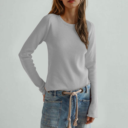 Womens Long Sleeve Stretch Crewneck Knit T-Shirt Slim Fit Casual Basic Tops