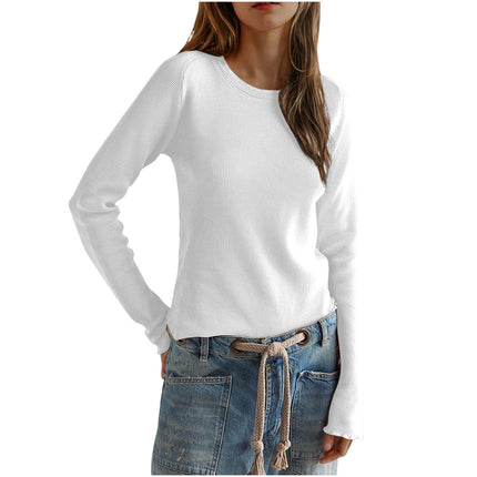 Womens Long Sleeve Stretch Crewneck Knit T-Shirt Slim Fit Casual Basic Tops