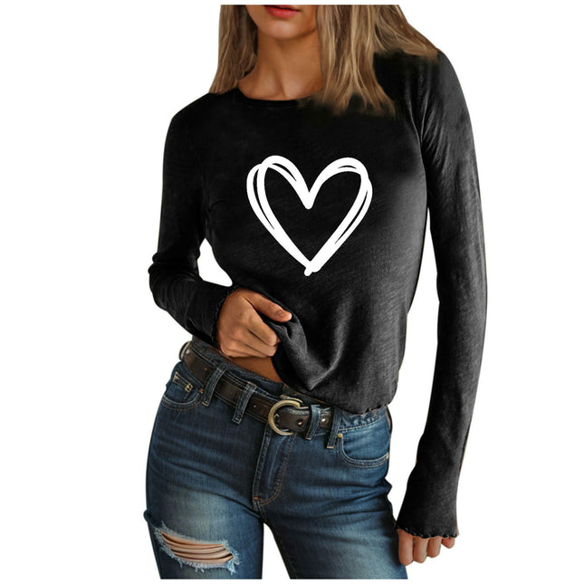 Women's Long Sleeve T Shirt Heart Print Crewneck Slim Fit Tops Tees