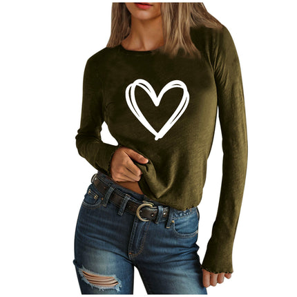 Women's Long Sleeve T Shirt Heart Print Crewneck Slim Fit Tops Tees